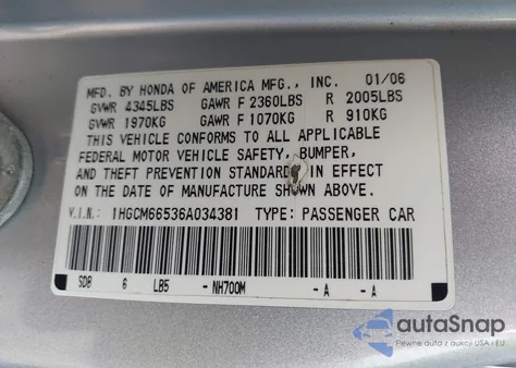 2006 Honda Accord 3.0 Ex z USA, uszkodzony, nr VIN 1HGCM66536A034381